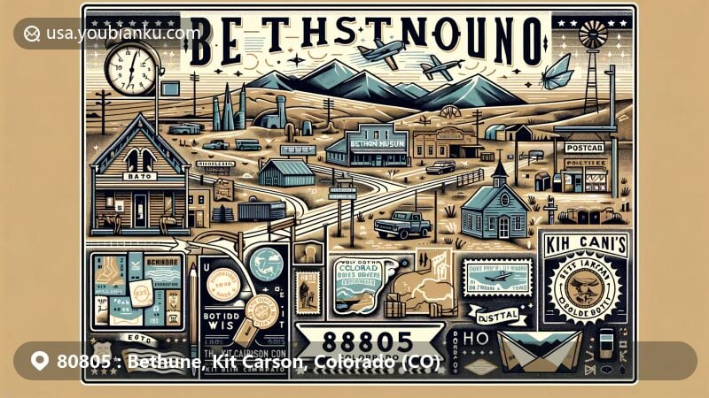 Modern illustration of Bethune, Kit Carson County, Colorado, with ZIP code 80805, showcasing Kit Carson Museum, Vona ghost town, and eastern plains landscape.