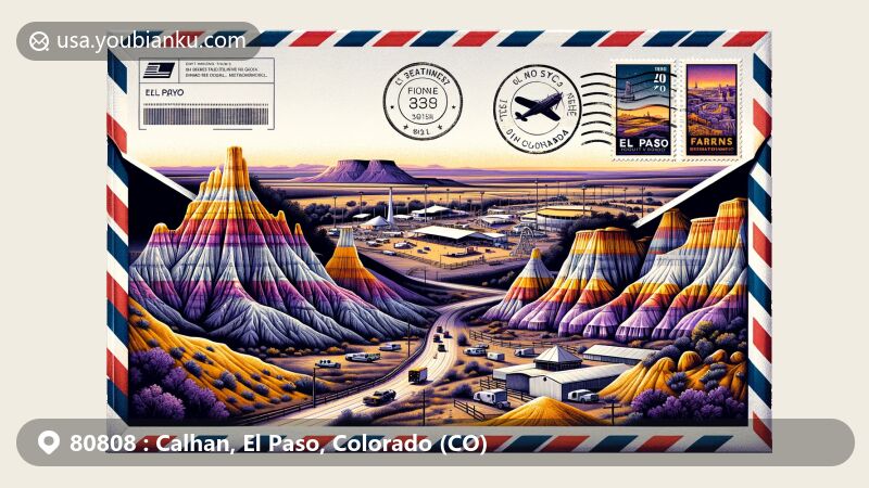 Modern illustration of Calhan, El Paso County, Colorado, featuring a postal theme with ZIP code 80808, highlighting Paint Mines Interpretive Park's rock formations and El Paso County Fairgrounds.