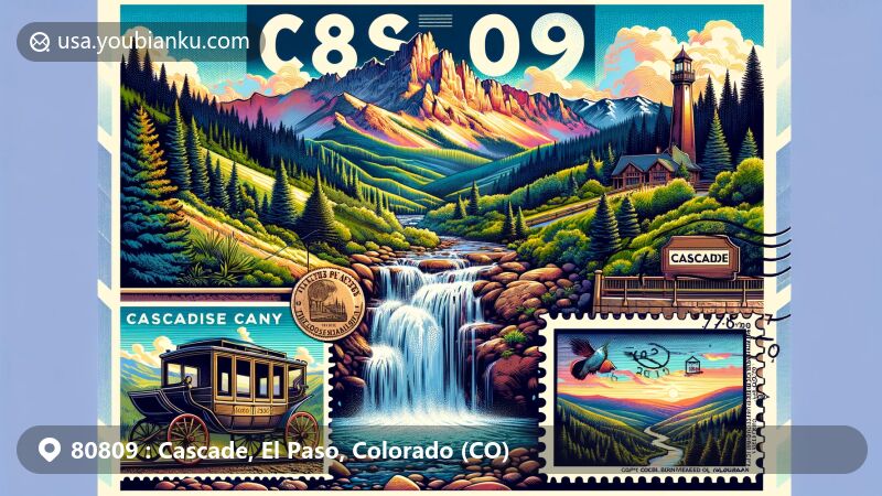 Modern illustration of Cascade, El Paso County, Colorado, capturing the natural beauty of Cascade Canyon with lush vegetation and waterfalls, featuring Pikes Peak and a vintage carriage as a nod to the historic Pikes Peak Carriage Road.