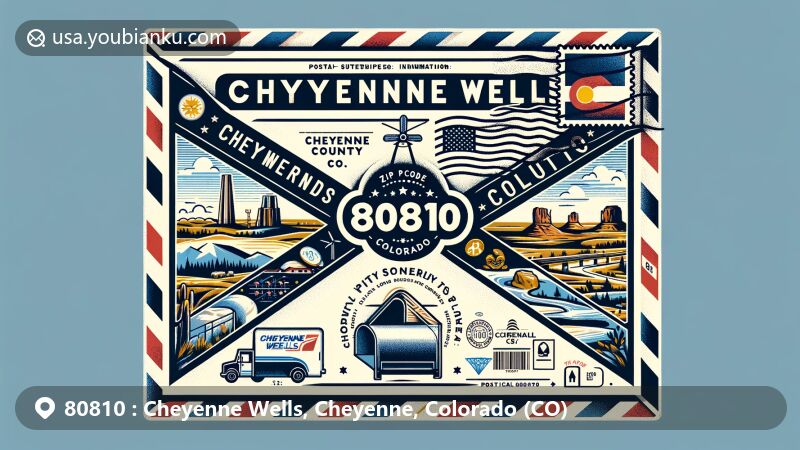 Sleek illustration of Cheyenne Wells, Cheyenne County, Colorado, themed around ZIP code 80810, featuring a vibrant airmail envelope with Colorado flag, local map outline, and cultural landmarks.