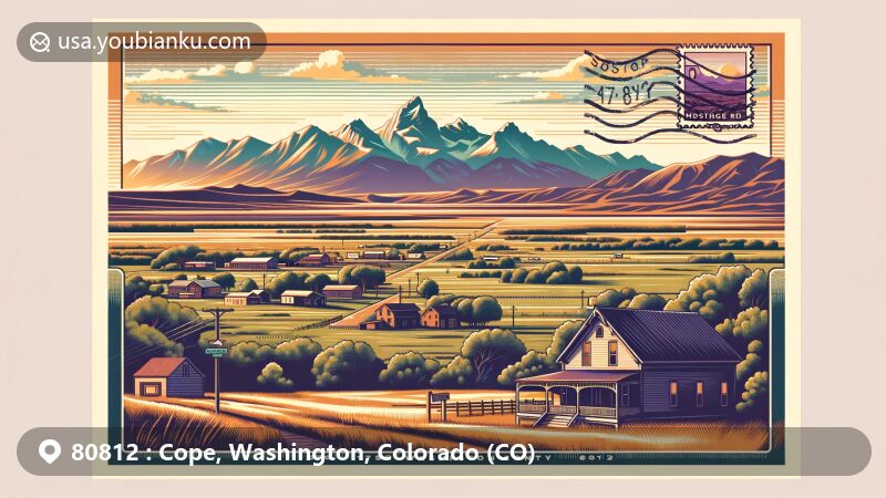 Modern illustration of Cope, Washington County, Colorado, with scenic postcard showcasing rural landscape and Rocky Mountains silhouette, featuring postmark and ZIP Code 80812.