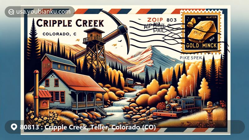 Modern illustration of Cripple Creek, Teller, Colorado (CO), showcasing gold mining history and natural beauty, including Pikes Peak and autumn aspens. Features historical mines, miner's pickaxe, air mail envelope, postage stamp, postmark, and red mailbox. ZIP Code 80813 highlighted with postal and gold mining elements.