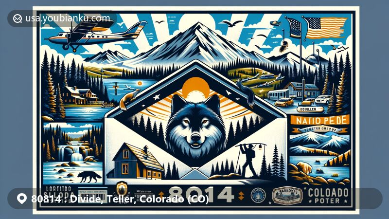 Modern illustration of Divide, Teller County, Colorado, featuring ZIP code 80814 and natural beauty like Pikes Peak, wolves, and outdoor activities, reflecting Mueller State Park and local dining.