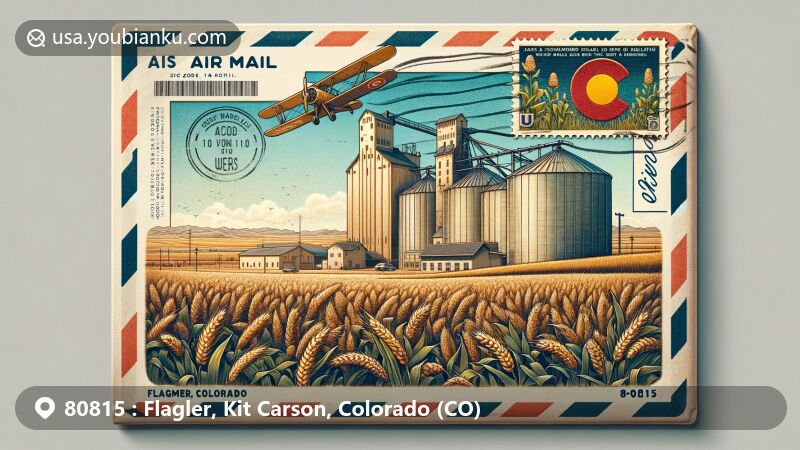 Vintage air mail envelope revealing postcard of Flagler, Colorado's agricultural landscape, featuring wheat and corn fields, grain elevators, and Colorado state flag with ZIP code 80815.