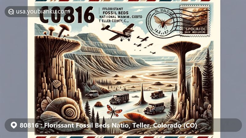 Modern illustration of Florissant Fossil Beds National Monument in Teller County, Colorado, showcasing petrified redwood stumps, diverse fossilized insects and plants, and the ancient lake environment.