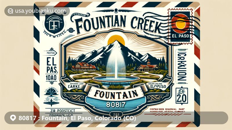Modern illustration of Fountain, El Paso County, Colorado, featuring ZIP code 80817 on vintage airmail envelope with Fountain Creek Regional Park, Pikes Peak, Pikes Peak International Raceway, and historic 'The Blast' event from 1888.