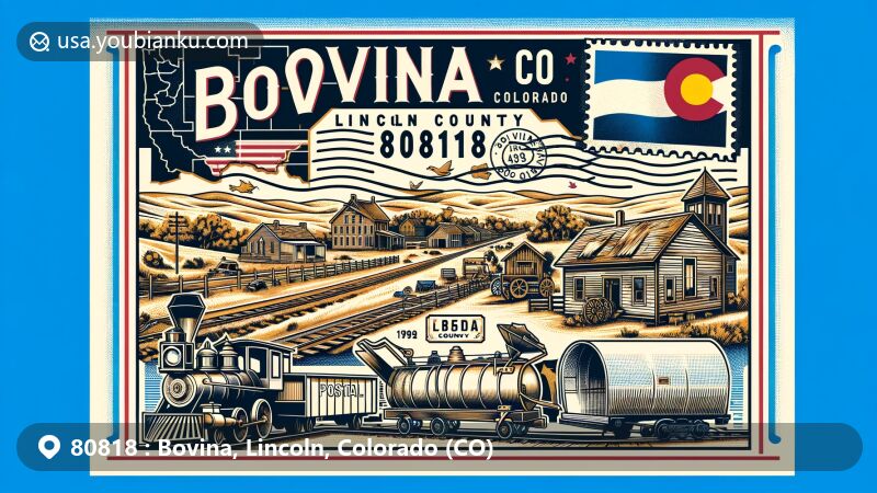 Modern illustration of Bovina, Lincoln County, Colorado, depicting ZIP code 80818, blending postal theme with local history and geography, featuring old farm buildings, machinery, railroad, and Colorado state flag.