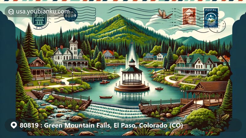 Modern illustration of the picturesque Green Mountain Falls area in El Paso County, Colorado, featuring iconic Gazebo Lake with a central pavilion surrounded by lush greenery of Pike National Forest. Victorian houses and historic log cabins reflect the town's rich history and architectural styles. Elements representing outdoor activities include hiking trails, streams, and local wildlife. Vintage postcard layout highlights '80819' ZIP code and postal elements like stamps, postmarks, and envelope edges.
