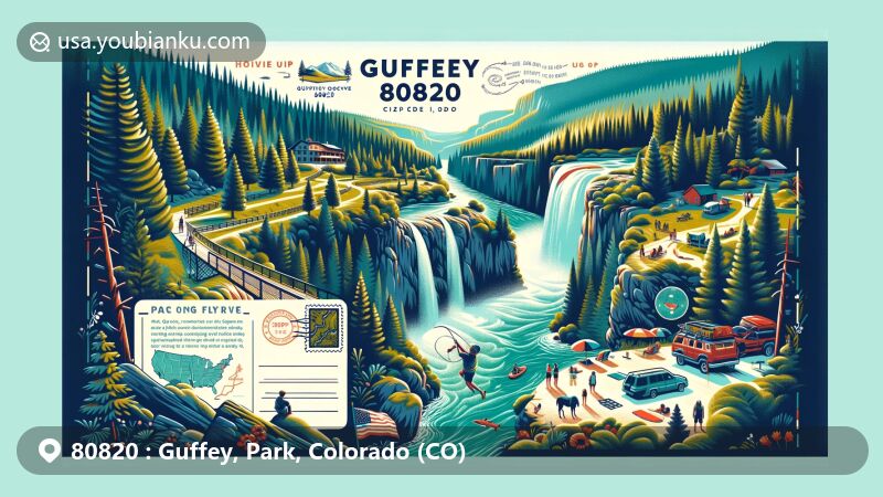 Modern illustration of Guffey, Colorado, emphasizing ZIP code 80820, highlighting Paradise Cove (Guffey Gorge) nestled in lush forests, illustrating outdoor activities like hiking, camping, fishing, and cliff jumping.