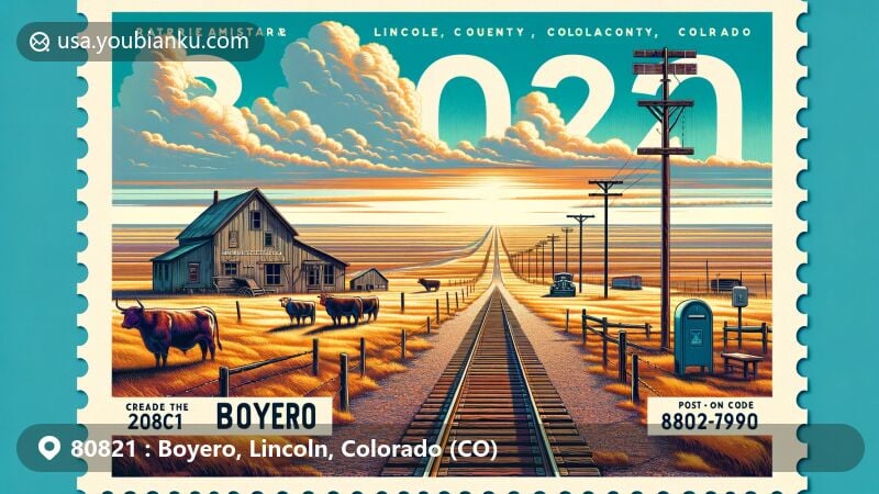 Modern illustration of Boyero, Lincoln County, Colorado, capturing the essence of a prairie ghost town and cattle industry roots, featuring key elements like vast landscapes, old railroad tracks, deteriorating structures, nods to ranching lifestyle, and contemporary touches like a post office box. Incorporates ZIP code 80821 and Colorado state flag.