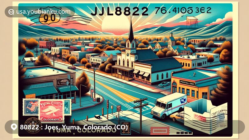 Modern illustration of Joes, Yuma County, Colorado, featuring postal theme with ZIP code 80822, showing U.S. Route 36 and local scenery.