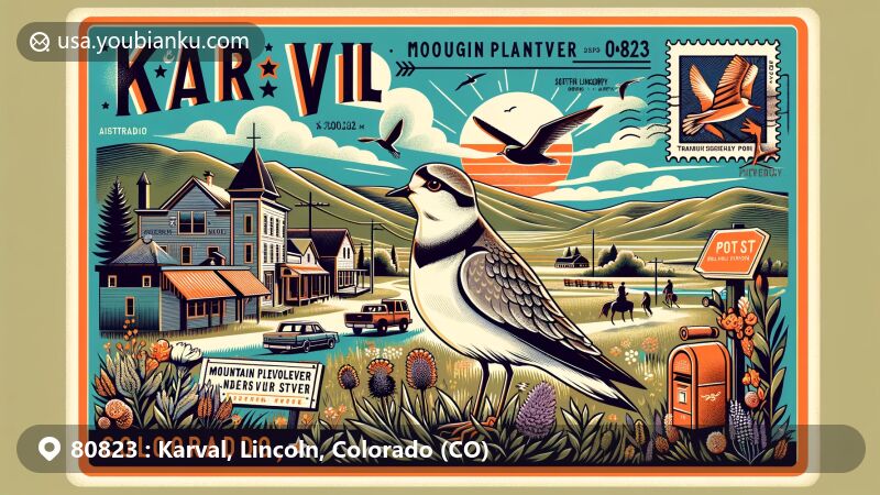 Vibrant portrayal of Karval, Colorado, celebrating its Mountain Plover Festival and significant elevation of 5,115 feet in Lincoln County, showcasing birdwatching and conservation efforts.