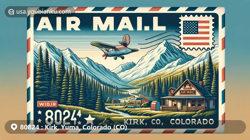 Modern illustration of Kirk, Colorado, showcasing postal theme with ZIP code 80824, nestled in the Rocky Mountains, featuring vintage air mail envelope with lush forests and snow-capped mountains, quaint post office building, and Colorado flag.