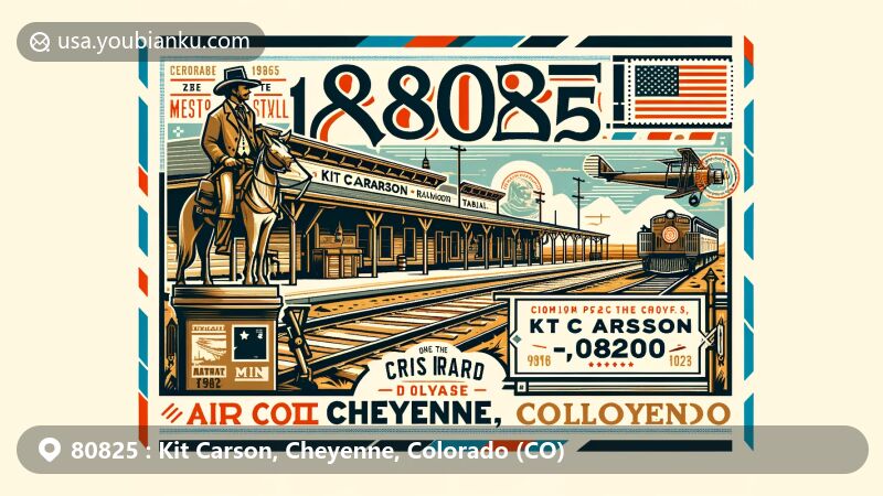 Modern illustration of Kit Carson, Cheyenne County, Colorado, showcasing postal theme with ZIP code 80825, featuring Kit Carson Railroad Depot and historical landmarks.