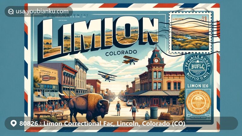 Modern illustration of Limon, Colorado, combining natural beauty, historical charm, and postal elements. Featuring vibrant downtown area, Prairie Ridge Buffalo Ranch, and scenic landscapes. Set in an airmail envelope with a stamp showcasing Limon train station. Postal code '80826' highlighted. Pays tribute to Limon's community spirit, history, and postal significance.
