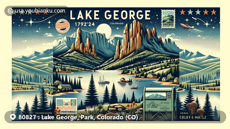 Modern illustration of Lake George, Colorado, highlighting ZIP code 80827, showcasing natural beauty and postal elements with Eleven Mile State Park, Spinney Mountain State Park, and Florissant Fossil Beds National Monument.