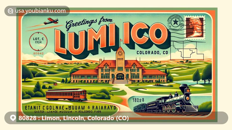 Modern illustration featuring vintage postcard layout of Limon, Colorado, with Tamarack Golf Course and eastern Colorado plains backdrop, including Limon Heritage Museum & Railroad Park with vintage trains, 'Greetings from Limon, CO' lettering, Colorado map silhouette, state flag postage stamp, postal mark '80828 Limon, CO', and airmail border design.