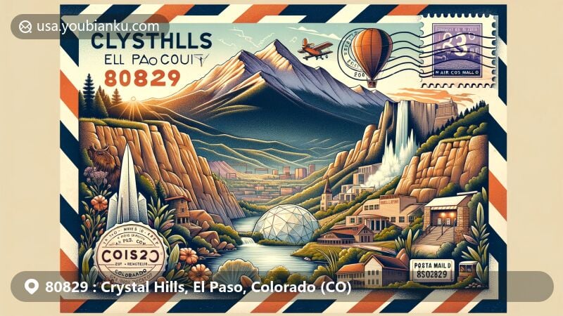Modern illustration of Crystal Hills, El Paso County, Colorado, showcasing Pikes Peak in the background and a vintage air mail envelope with El Paso County postal stamp and ZIP code 80829. Includes iconic Manitou Springs attractions like Cave of the Winds and Manitou Cliff Dwellings, representing local history and natural beauty.