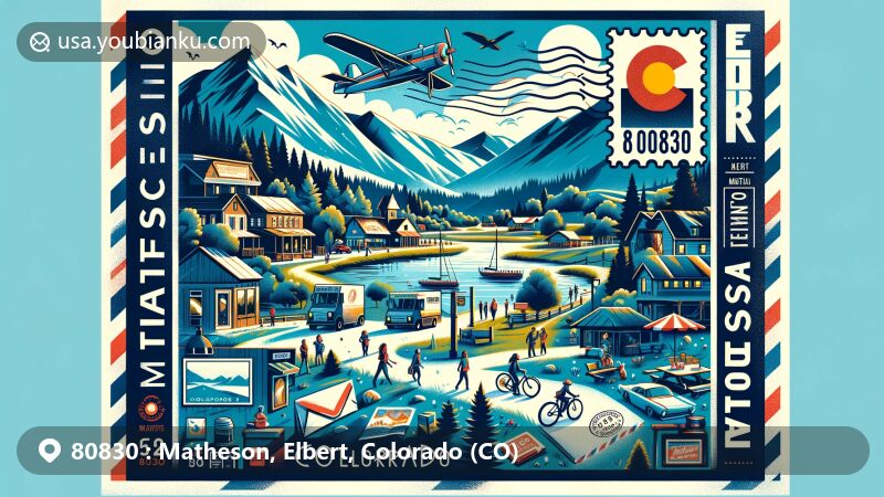 Modern illustration of Matheson, Elbert County, Colorado, showcasing postal theme with ZIP code 80830, featuring picturesque mountains, wildlife, and outdoor activities, capturing the essence of this small town community.
