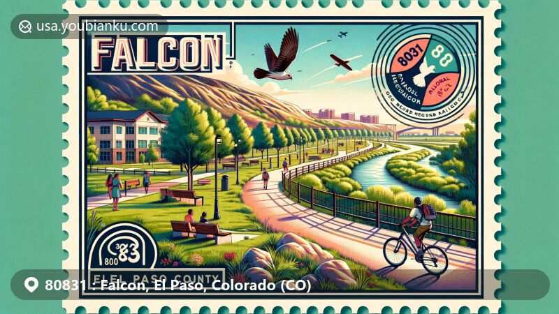 Modern illustration of Falcon, El Paso County, Colorado, capturing the essence of outdoor adventure and community spirit, featuring Falcon Regional Park and Rock Island Regional Trail.