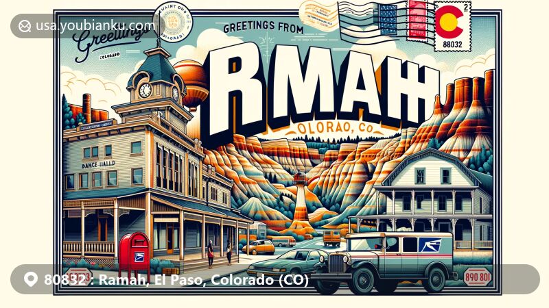 Modern illustration of Ramah, Colorado, featuring vintage postcard with 'Greetings from Ramah, CO 80832', showcasing Brown’s Dance Hall, Paint Mines Interpretive Park, red mailbox, postal truck, Colorado state flag, and agricultural tools.