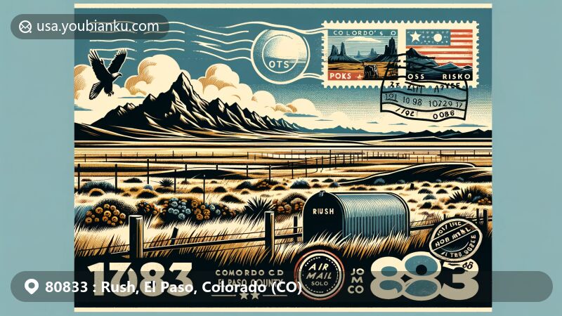 Modern illustration of Rush, El Paso County, Colorado, featuring expansive landscapes typical of Colorado's eastern plains and silhouette of Pikes Peak in the distance, alongside postal elements like vintage air mail envelope with ZIP code 80833, stamps of local wildlife, and Rush postmark.