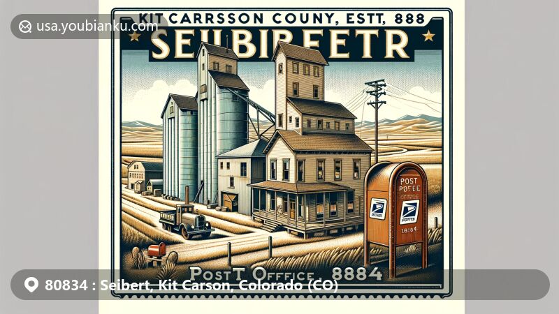 Modern illustration of Seibert, a quaint town in Kit Carson County, Colorado, with ZIP code 80834, featuring iconic grain elevators and vintage post office facade, capturing the essence of rural life and postal heritage.