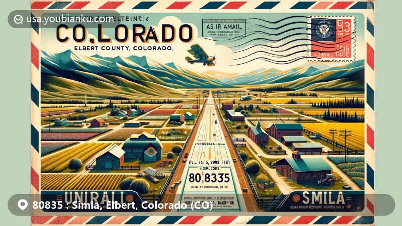 Modern illustration of Simla, Elbert County, Colorado, representing ZIP code 80835, featuring town's elevation of 5,978 feet, U.S. Route 24 symbol, and airmail envelope design showcasing small-town charm and agricultural heritage.