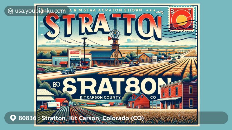 Modern illustration of Stratton, Kit Carson County, Colorado, drawing inspiration from postal communication and agriculture, featuring downtown area, open landscapes, Kit Carson County Courthouse, and Colorado state flag.