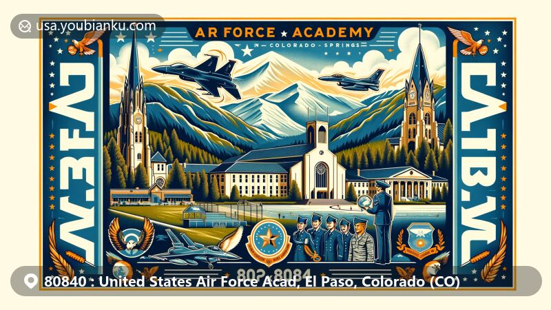 Modern illustration of the United States Air Force Academy in ZIP code 80840, featuring iconic landmarks like the cadet chapel, Falcon Stadium, and an F-15 Eagle display against Colorado Springs' mountainous landscape.