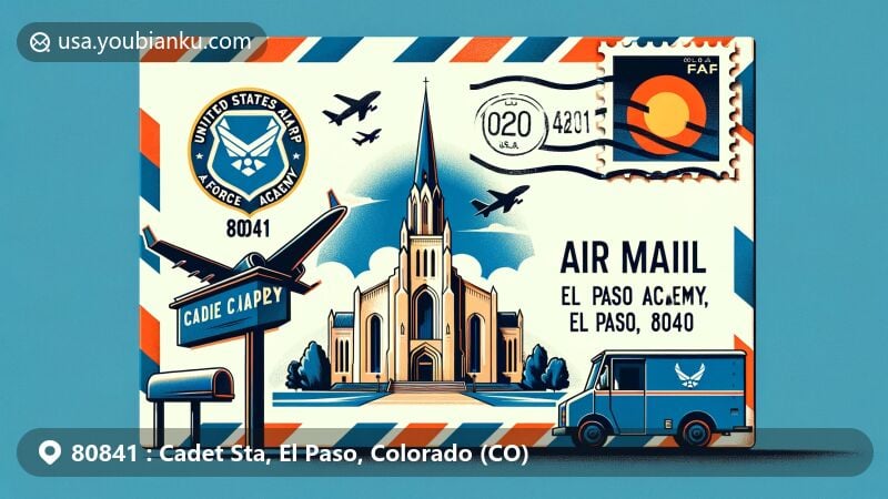 Modern illustration of the USAF Academy in El Paso County, Colorado, featuring air mail envelope, postcard, Cadet Chapel, and postal elements.