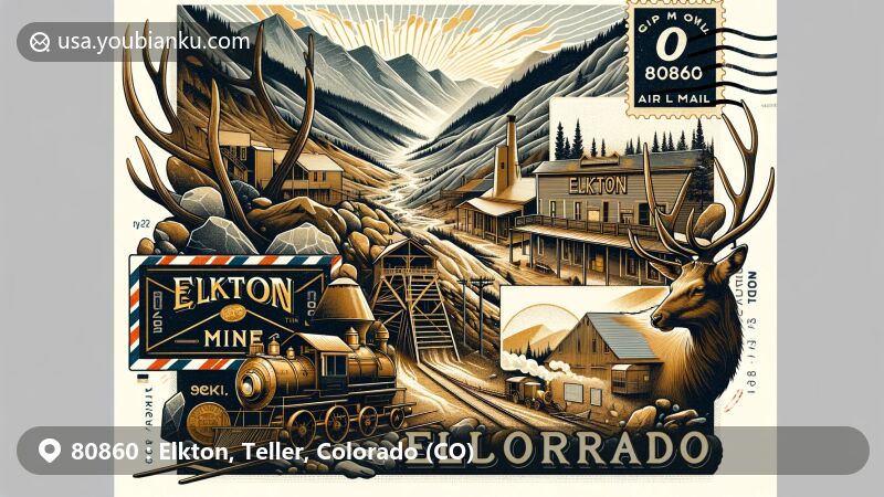 Modern illustration of Elkton, Colorado, showcasing mining history with Elkton mine, vintage postcard with ZIP code 80860, gold veins, elk antlers, Arequa Mill remnants, and Colorado's mountainous landscape.