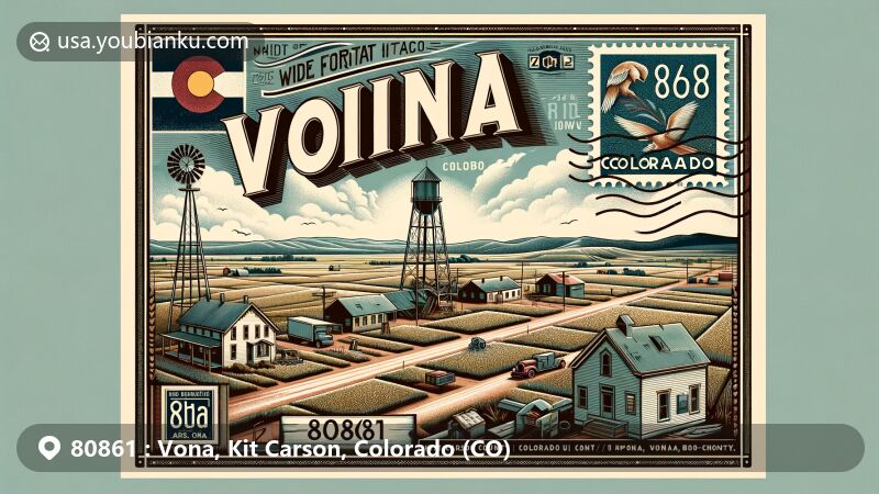 Modern illustration of Vona, Colorado, 80861 ZIP code area in Kit Carson County, capturing small historical town essence with aerial layout, rural landscape, semi-ghost town buildings, and vast Colorado plains under open sky.