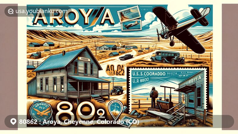 Modern illustration of Aroya, Cheyenne County, Colorado, showcasing ghost town with remnants of schoolhouse and arid high plains landscape, featuring aviation-themed postcard element with vintage airplane and ranching symbols, highlighting ZIP code 80862 and US Highway 40/287 junction.
