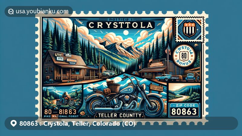 Modern illustration of Crystola, Teller County, Colorado, with ZIP code 80863, featuring Pike National Forest, Ute Pass, and Crystola Roadhouse, blending natural beauty, history, and local culture.