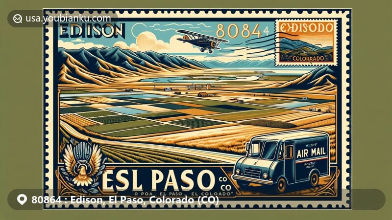 Modern illustration of Edison, El Paso, Colorado, showcasing postal theme with ZIP code 80864, featuring eastern Colorado landscapes, rolling plains, agricultural lands, basins, and reservoirs. Includes vintage air mail envelope, postal stamp, postmark 'Edison, CO 80864', and postal delivery vehicle.