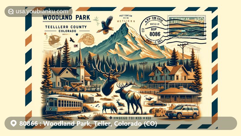 Modern illustration of Woodland Park, Teller County, Colorado, combining Pikes Peak, wildlife, outdoor activities, and the Rocky Mountain Dinosaur Resource Center. Features postal elements like stamps and a postmark with ZIP code 80866.