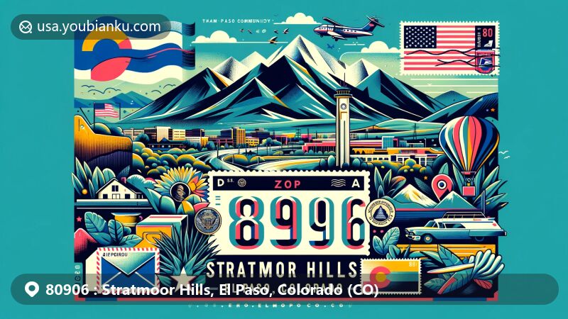 Modern illustration of Stratmoor Hills, El Paso County, Colorado, blending postal elements with iconic landmarks, featuring front range mountains, Stratmoor Hills Community Park, and postal symbols like airmail envelope and stamps.
