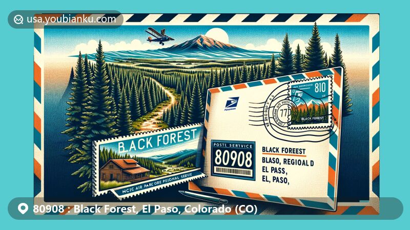 Modern illustration of Black Forest, El Paso, Colorado area featuring Black Forest Regional Park with dense pine forests and trails, vintage airmail envelope showcasing ZIP code 80908 and postage stamp with Pikes Peak, subtly incorporating Colorado state flag.