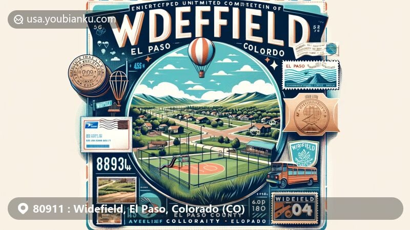 Modern illustration of Widefield, El Paso County, Colorado, highlighting Widefield Blvd and Fontaine Blvd, featuring Widefield Community Park with playground, basketball court, and disc golf course at 5,843 feet elevation. Includes air mail envelope, stamps, postmark with ZIP Code 80911.