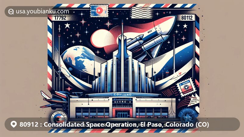 Modern illustration of Consolidated Space Operation area in El Paso County, Colorado, featuring symbolic representation of Schriever Space Force Base and Colorado state flag with a futuristic building or emblem.