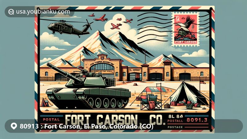 Modern illustration of Fort Carson area in El Paso County, Colorado, representing ZIP code 80913. Features include U.S. Army installation, tank symbolizing military presence, and outdoor activities at John Townsend Reservoir, set against Colorado mountains. Includes postal elements like vintage airmail envelope with ZIP code and Fort Carson postmark.