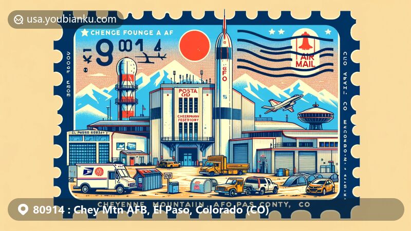 Modern illustration of Cheyenne Mountain AFB, El Paso County, Colorado, highlighting postal theme with ZIP code 80914, showcasing key landmarks like Cheyenne Mountain Space Force Station, NORAD operations center, Cheyenne Mountain Zoo, and the Will Rogers Shrine of the Sun.