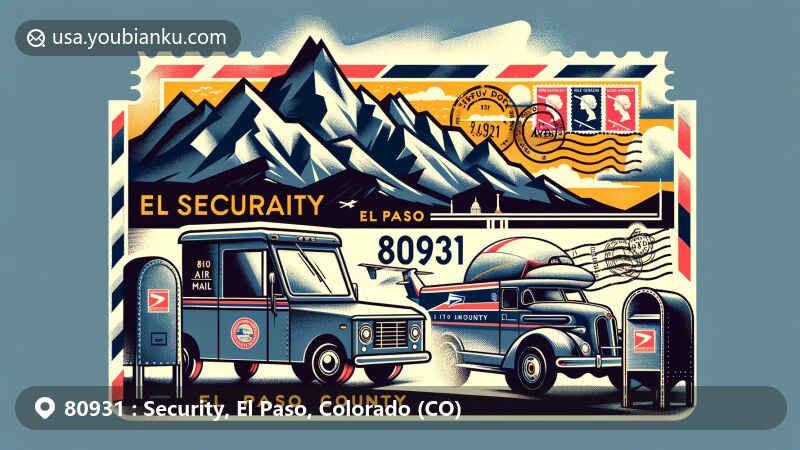 Modern illustration of El Paso County, Colorado, blending natural beauty with postal motifs and ZIP code 80931, featuring Rocky Mountains and vintage air mail envelope.