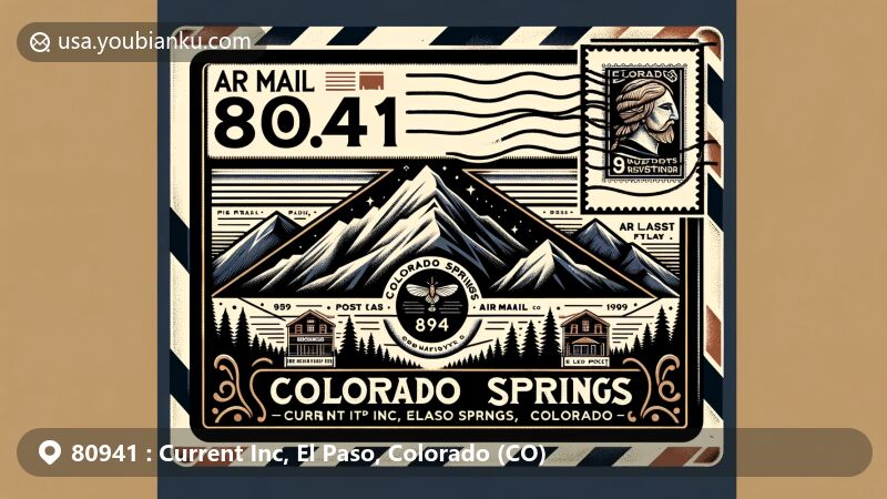 Modern illustration of Current Inc, El Paso County, Colorado Springs, Colorado, with ZIP code 80941, featuring air mail envelope depicting Pikes Peak and Colorado state flag, showcasing Black Forest School and vintage postal marks.