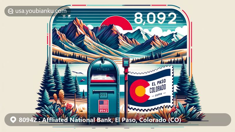 Modern illustration of Rocky Mountains, Colorado, with American mailbox and ZIP code 80942 stamp, featuring elements from Colorado state flag.