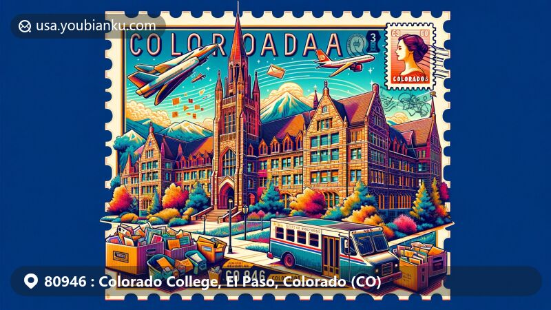 Modern illustration of Colorado College, El Paso, CO (ZIP code 80946), featuring Gothic Revival architecture of Cutler Hall, and scenic beauty of Colorado Springs area.