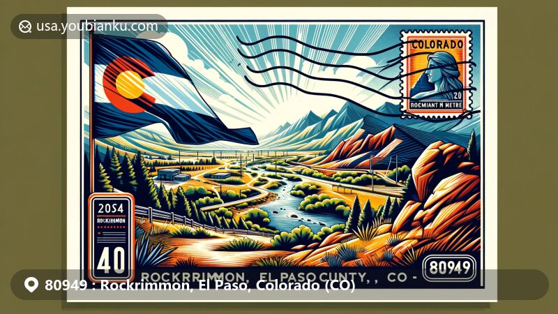 Modern illustration of Rockrimmon, El Paso County, Colorado, highlighting Rockrimmon Trail's natural beauty and recreational appeal, featuring Colorado state flag, Rocky Mountains' outlines, vintage postage stamp, and Monument Creek drawing.