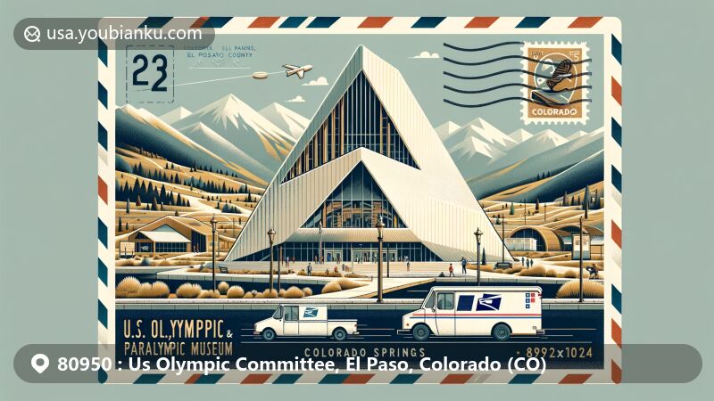 Modern illustration of the U.S. Olympic & Paralympic Museum in Colorado Springs, Colorado, featuring unique architecture and Olympic spirit, with subtle nods to Colorado's landscape and El Paso County.