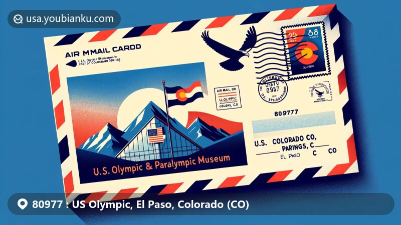 Modern illustration of US Olympic, El Paso, Colorado, focusing on ZIP code 80977, featuring air mail envelope with U.S. Olympic & Paralympic Museum outline, Colorado state flag, and Rocky Mountains.